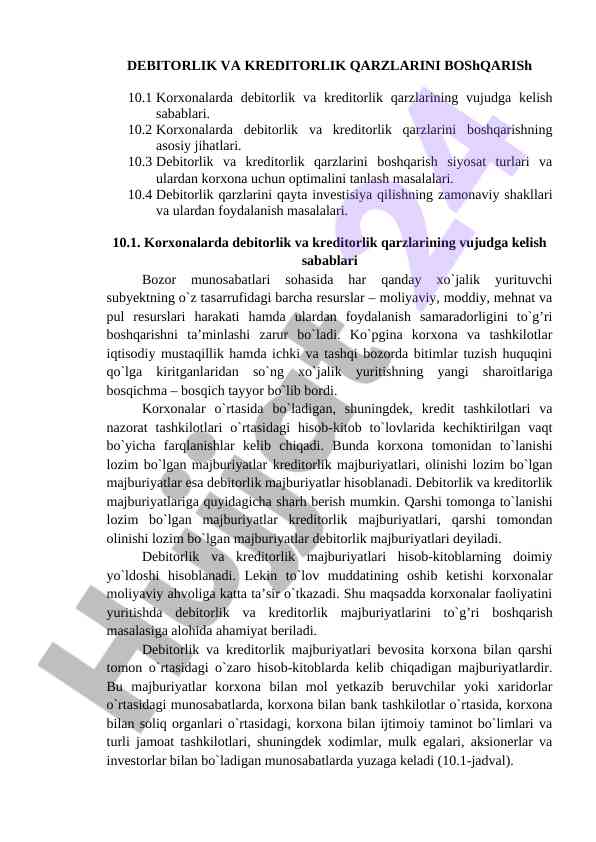 Debitorlik va kreditorlik qarzlarini boshqarish asoslari