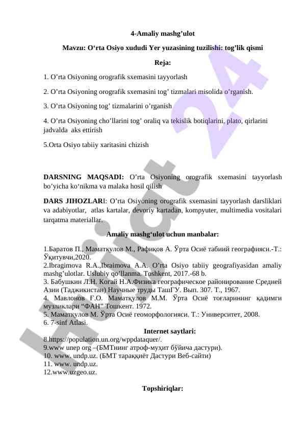 O'rta osiyo orografik sxemasining tayyorlanishi