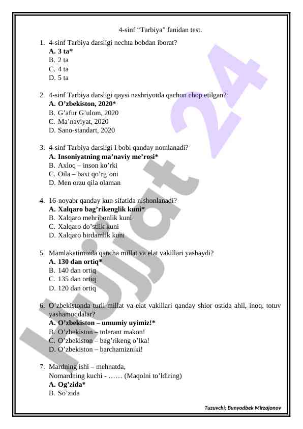 4-sinf tarbiya fanidan test savollari