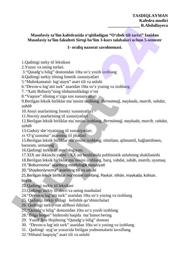 O‘zbek tili tarixi fanidan oraliq nazorat savollari