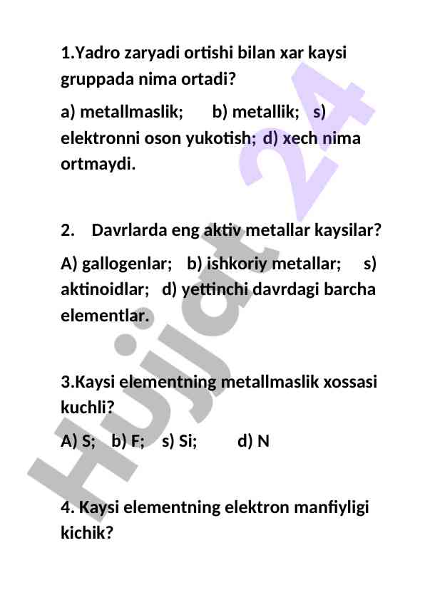 Metallmaslar va metallik elementlar testi
