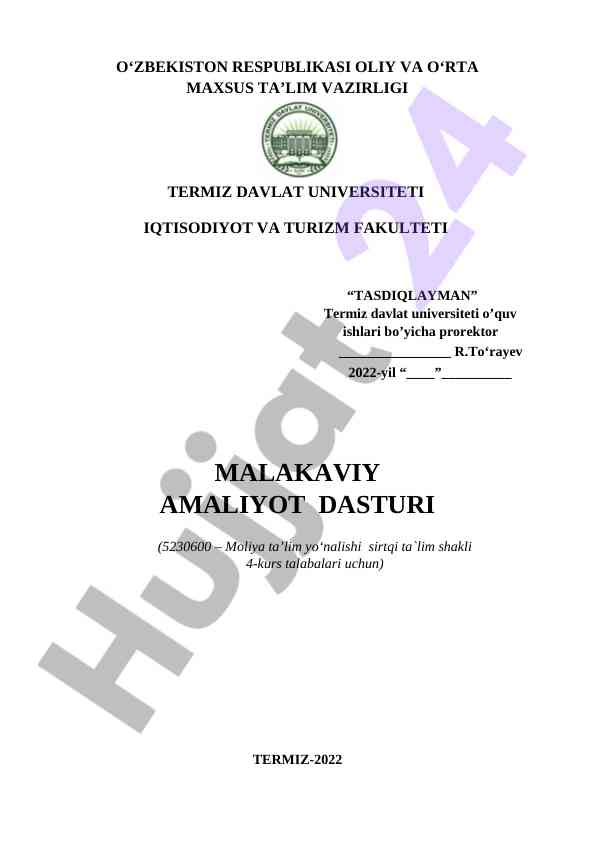 Moliya ta’lim yo‘nalishi amaliyot dasturi 2022