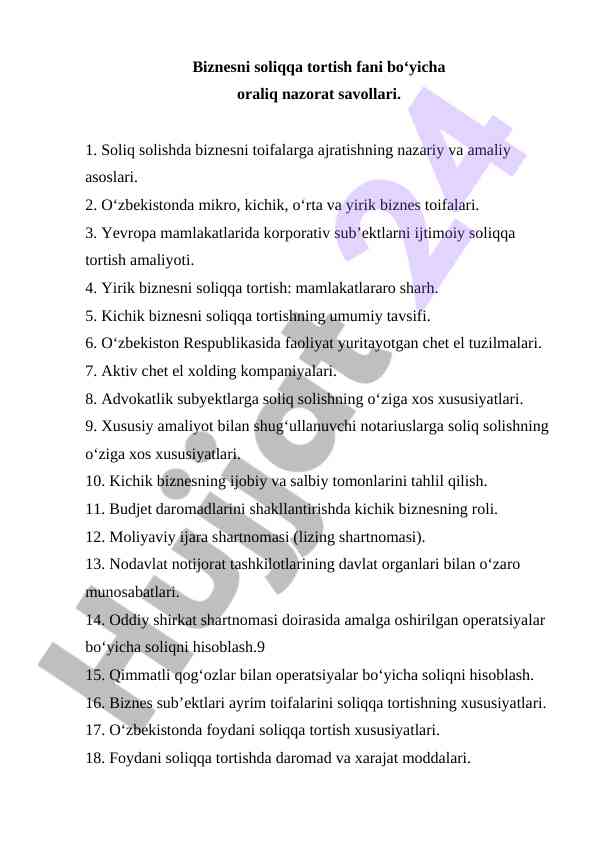 Biznesni soliqqa tortish bo‘yicha oraliq nazorat savollari