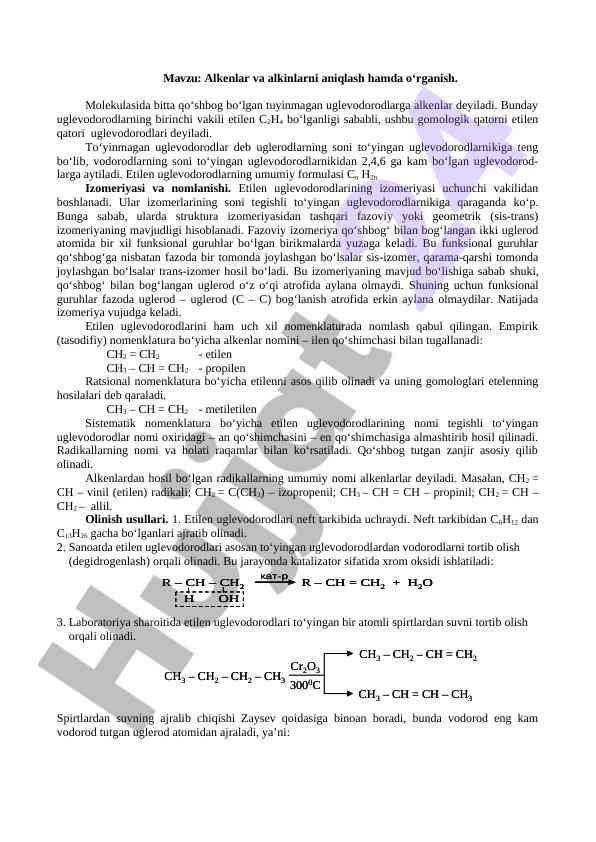 Alkenlar va alkinlarni aniqlash va o‘rganish