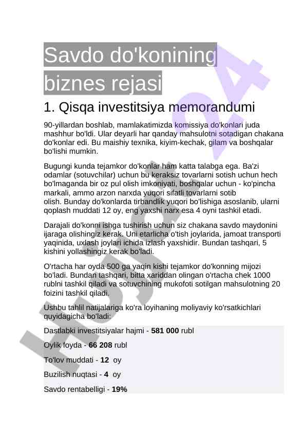 Savdo do'konining biznes rejasi rivojlanishi