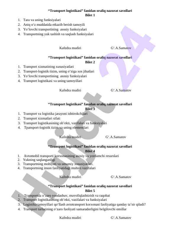 Oraliq nazorat savollari transport logistikasi fanidan