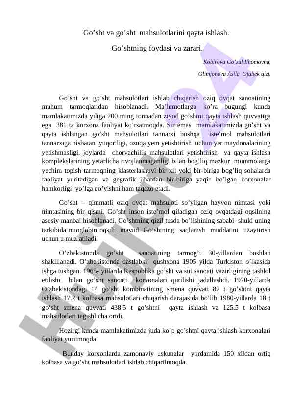 Go’sht va go’sht mahsulotlarini qayta ishlash