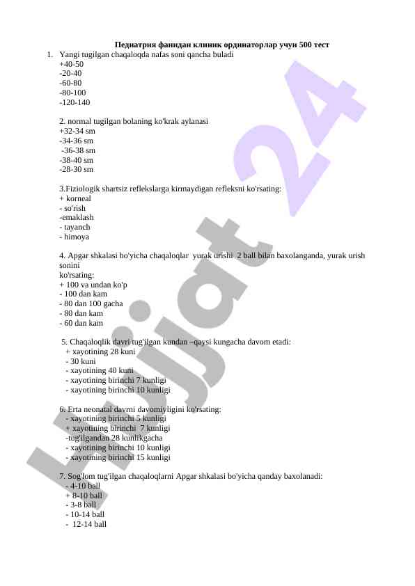 Pediatriya fanidan klinik testlar