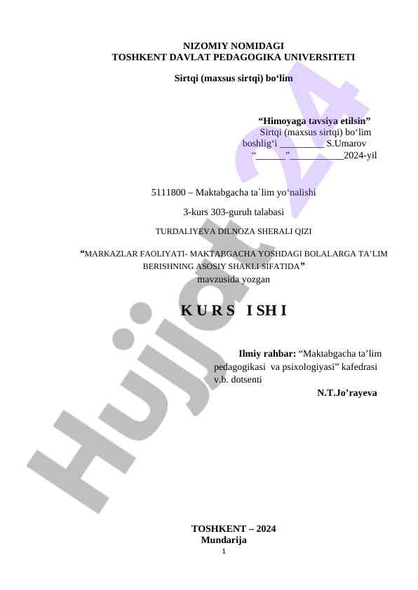 Markazlar faoliyati maktabgacha ta'lim shakli