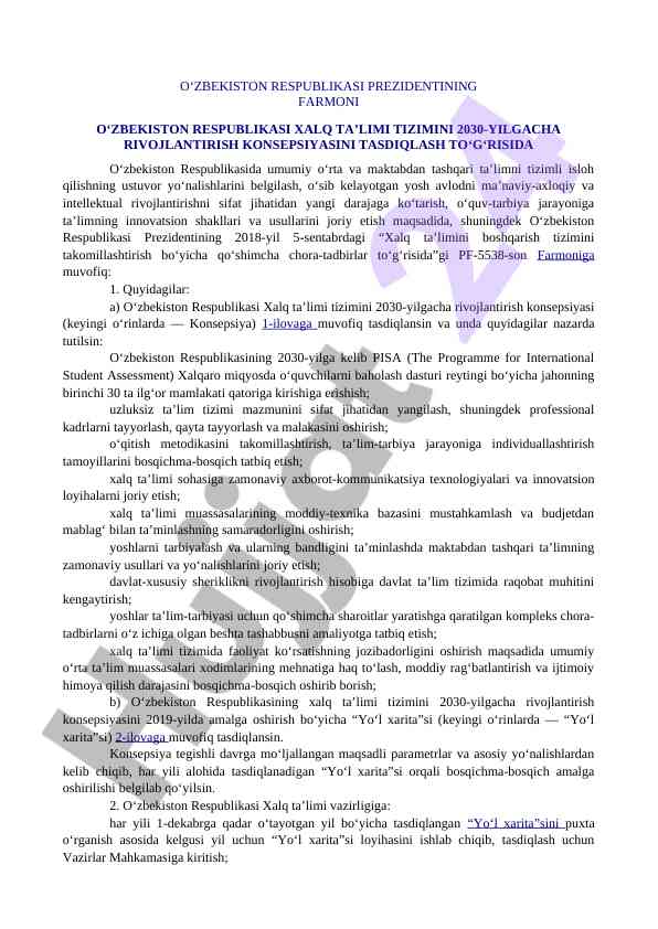 O‘zbekiston respublikasi ta’lim tizimini rivojlantirish