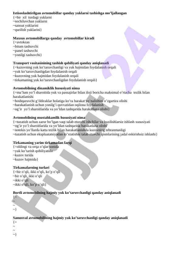 Avtomobillarni yuklash qobiliyatini o'rganish