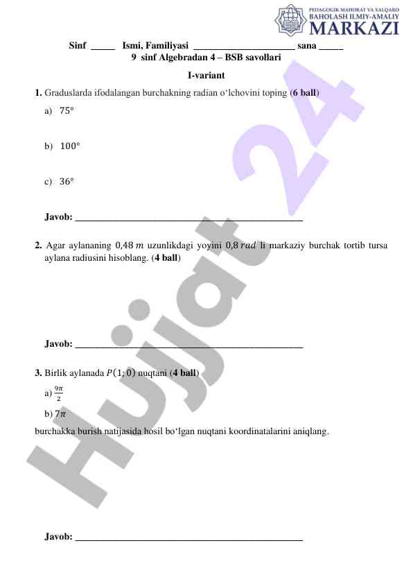 Algebra test savollari 9 sinf uchun