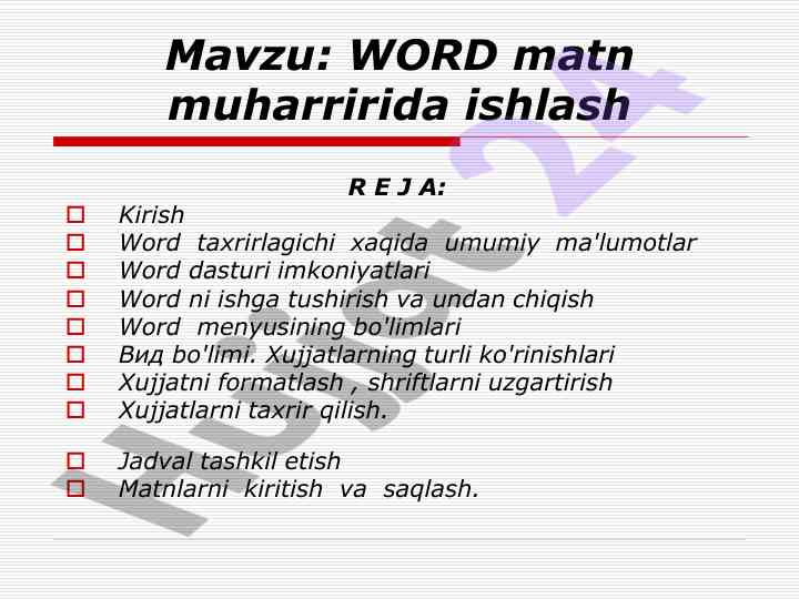 Word matn muharririda ishlash qo'llanmasi