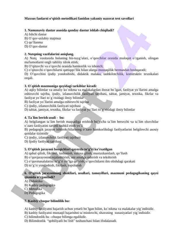 Maxsus fanlarni o‘qitish metodikasi test savollari