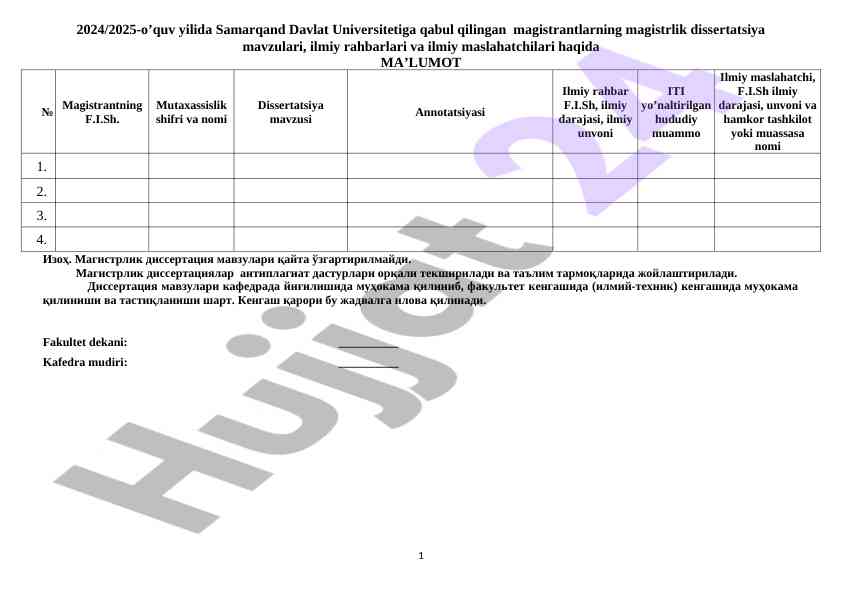 Samarqand davlat universiteti magistrantlari mavzulari