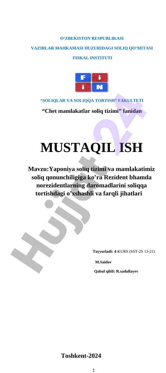 Yaponiya soliq tizimi va o‘zbekistondagi tahlil