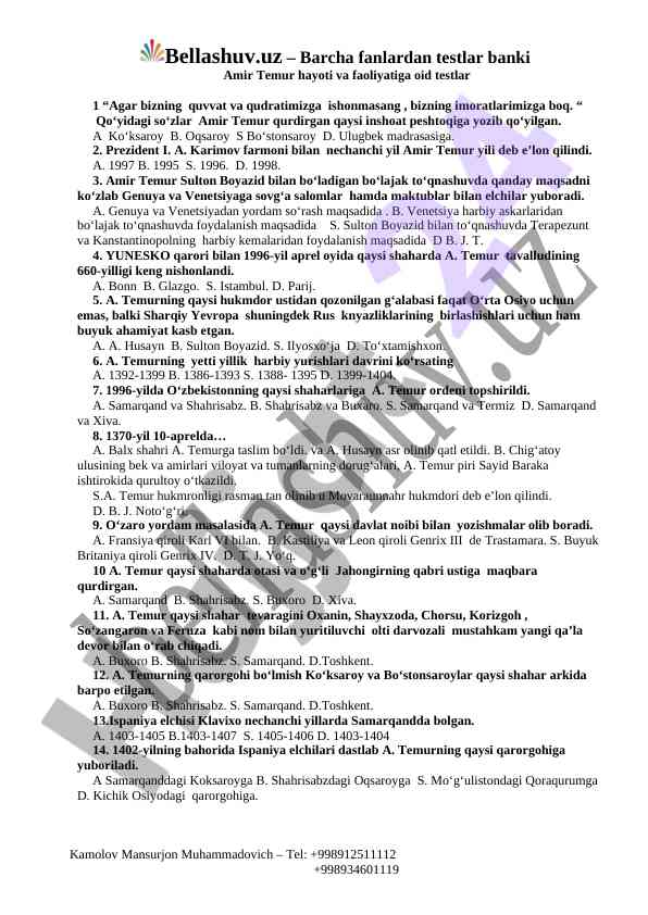 Amir temur hayoti va faoliyati oid testlar