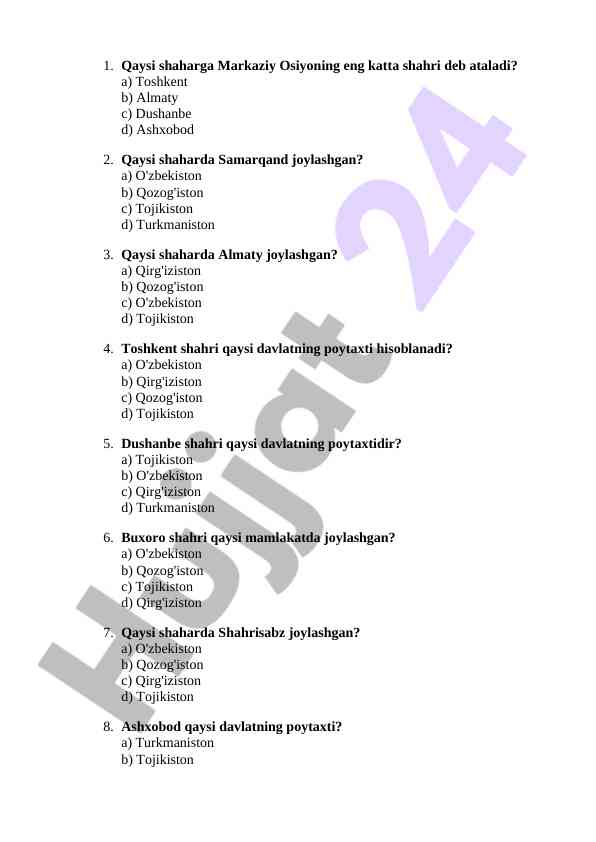 Markaziy osiyo shaharlarni tanlash testi