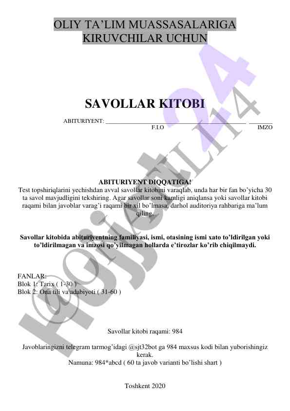 Oliy ta'lim muassalariga kiruvchilar uchun savollar kitobi