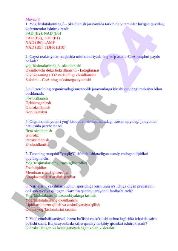 Yog' kislotalarining metabolizmi va kofermentlar