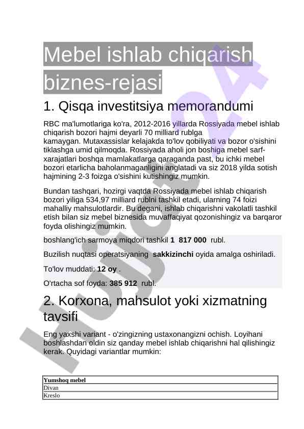 Mebel ishlab chiqarish biznes-rejasi tahlili