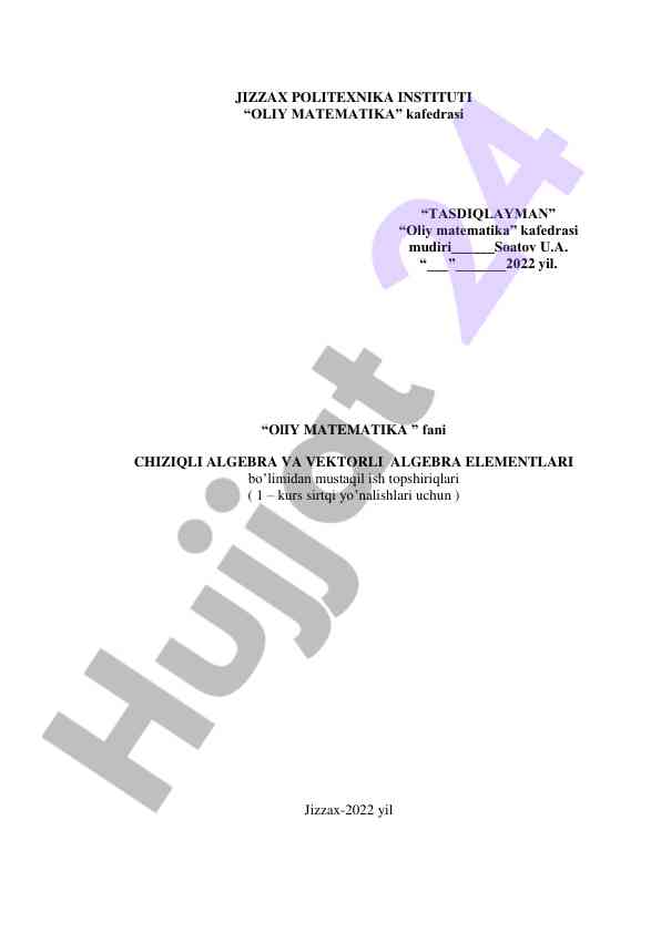 Oliy matematikada mustaqil ish topsiriqlari