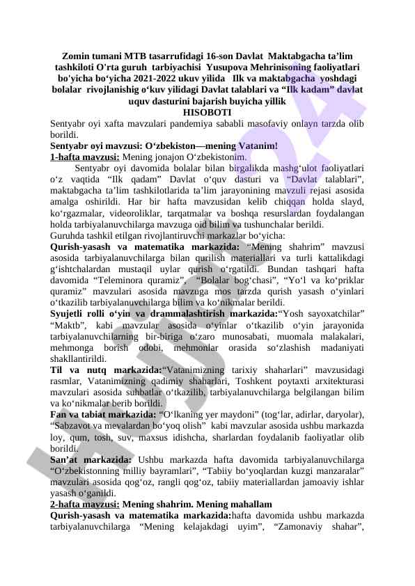 Maktabgacha ta'lim tashkiloti faoliyati hisoboti