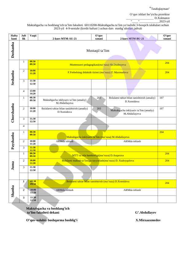 Maktabgacha ta'lim yo'nalishi dars jadvali 2023-yil