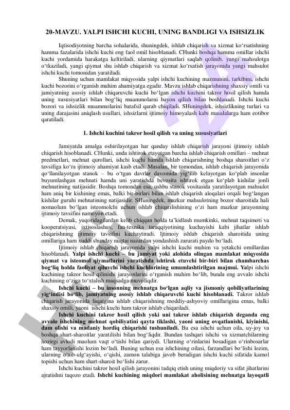 Yalpi ishchi kuchining tahlili va ishsizlik muammolari