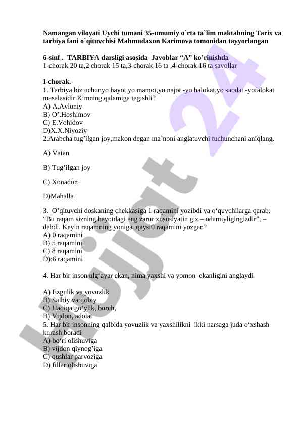 Tarbiya darsligi savollari 6-sinf uchun