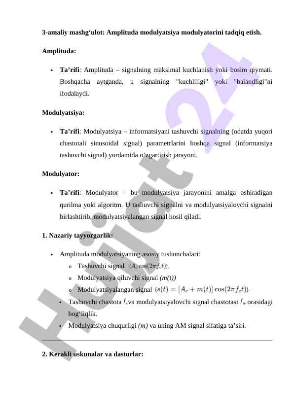 Amplituda modulyatsiya modulyatorini tadqiq etish