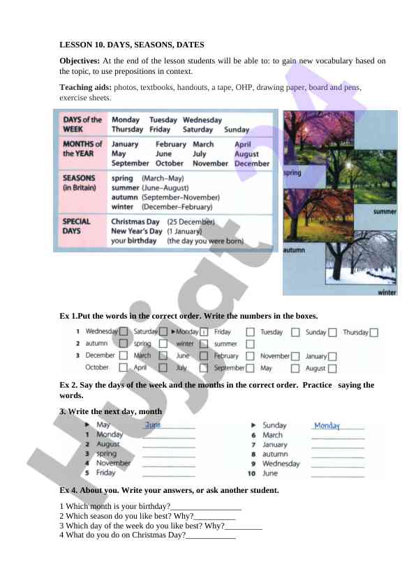 Lesson 10: days, seasons, dates vocabulary practice