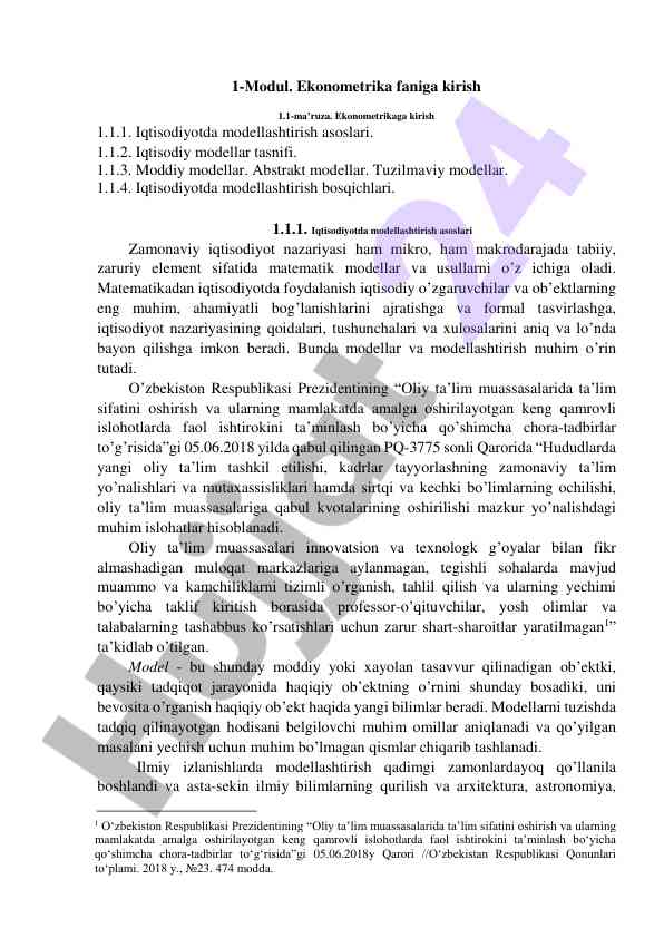 Ekonometrika fani bilan tanishtiruvchi modul