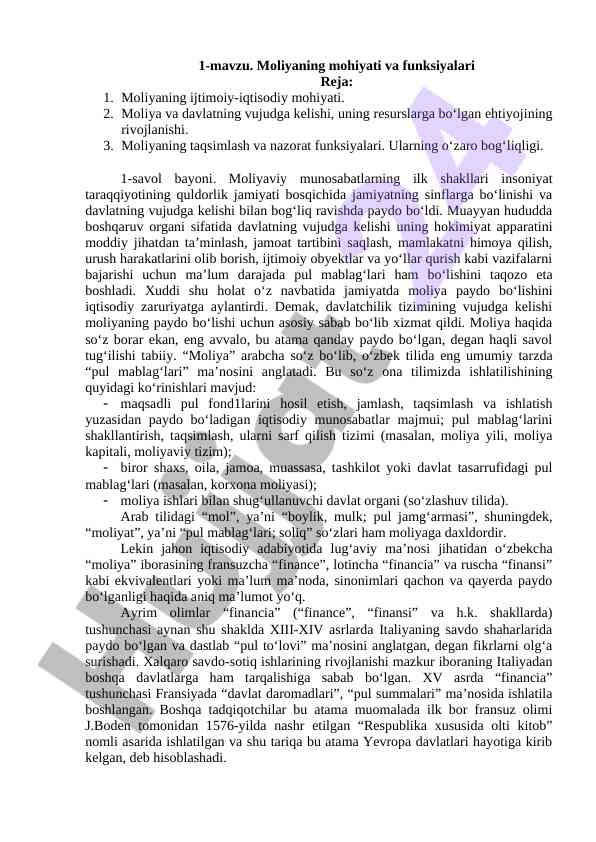 Moliyaning mohiyati va funksiyalari tahlili