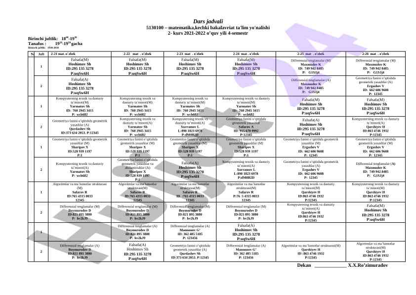 Matematika dars jadvali 2021-2022 o'quv yili