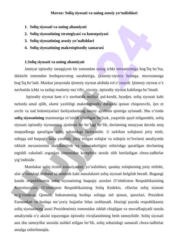 Soliq siyosati va uning asosiy yo‘nalishlari