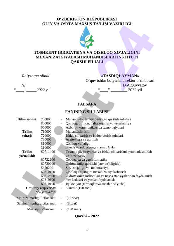 Falsafa fanining sillabusi qarshi filiali 2022