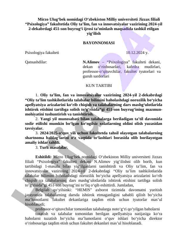 2024 yil yig‘ilishida oliy ta’lim masalalari