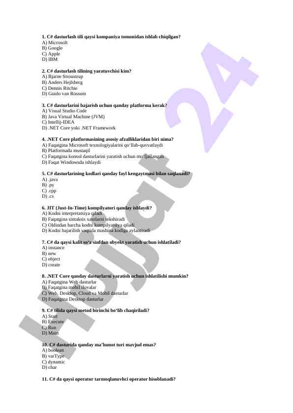 C# dasturlash tili bo'yicha test savollari