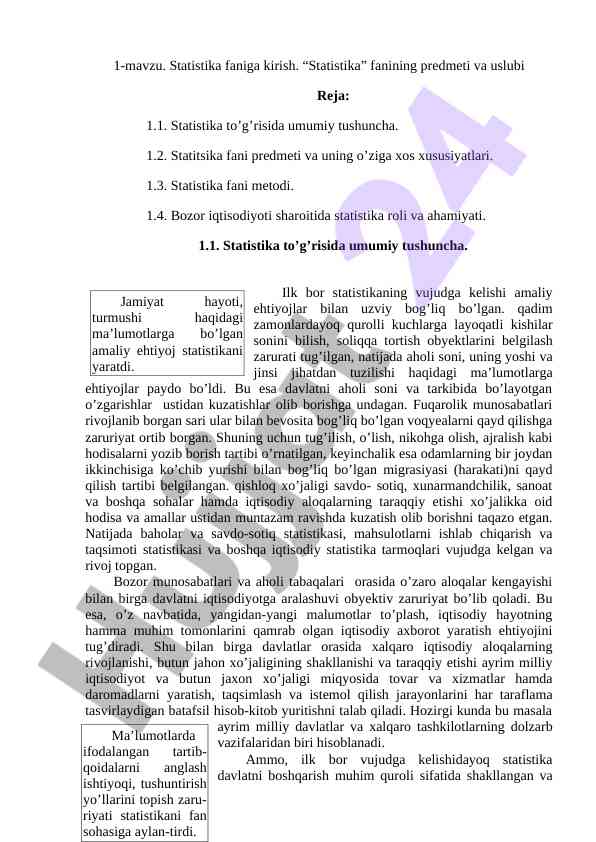 Statistika faniga kirish: iqtisodiy tahlil asoslari
