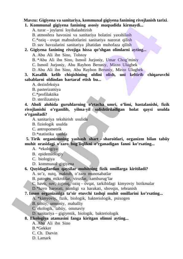 Gigiyena va sanitariya fanining rivojlanish tarixi