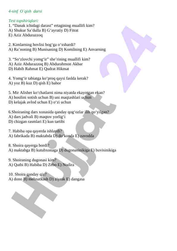 4-sinf o'qish darsiga oid test topshiriqlari