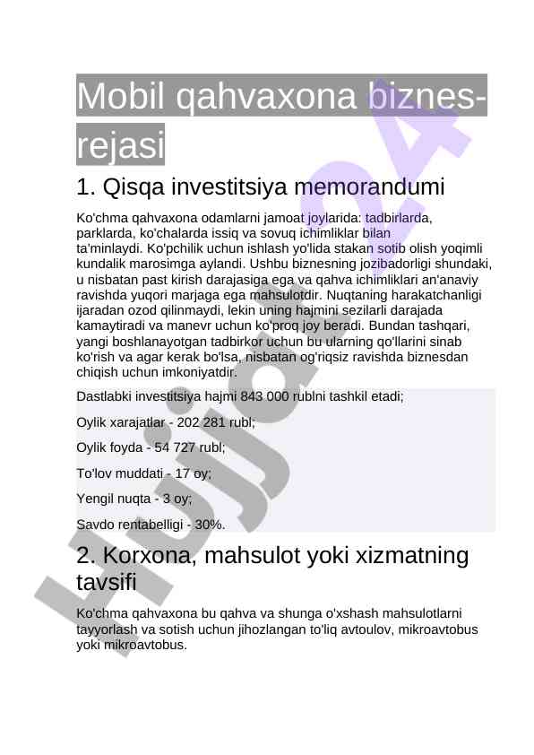 Mobil qahvaxona biznes-rejasi yozilishi