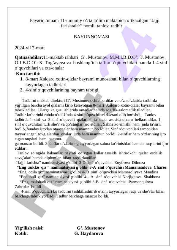 Jajji farishtalar tanlovi tadbir bayonnomasi 2024