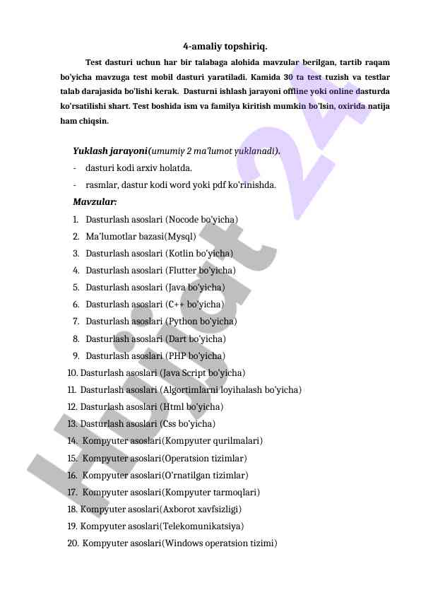 Test dasturi uchun mavzularni yaratish