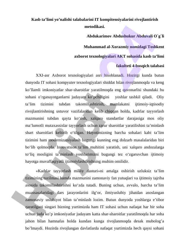 It kompetensiyalarini rivojlantirish metodikasi