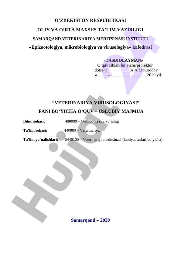 Veterinariya virologiyasi o‘quv-uslubiy majmua