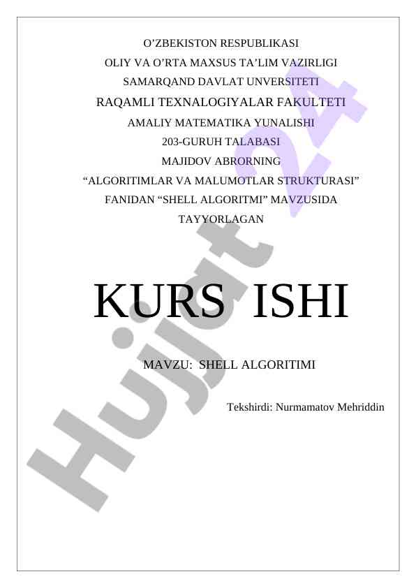 Shell algoritmi mavzusida kurs ishining taqdimoti