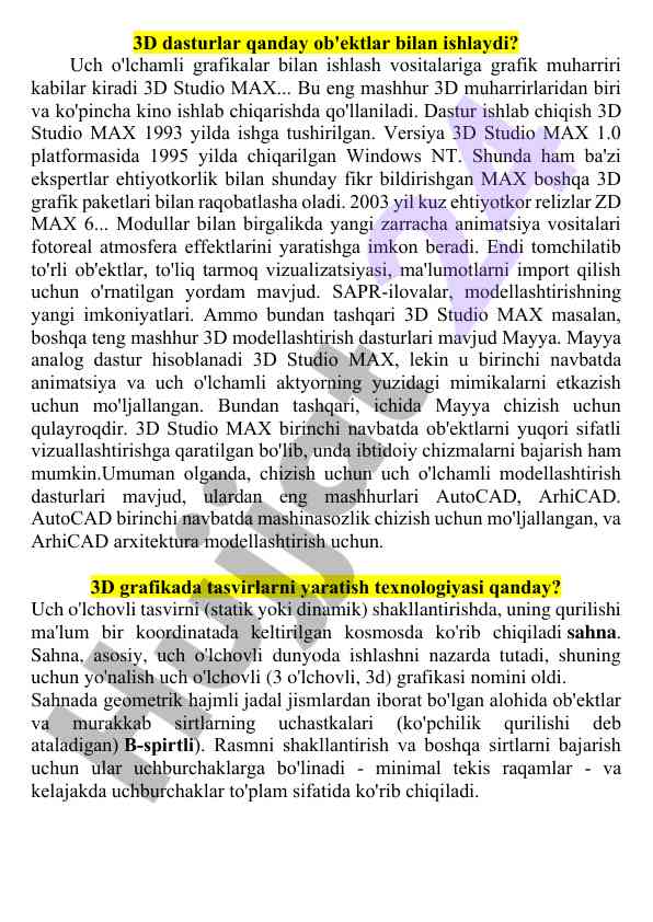 3d dasturlar bilan ishlash va grafik muharrirlar