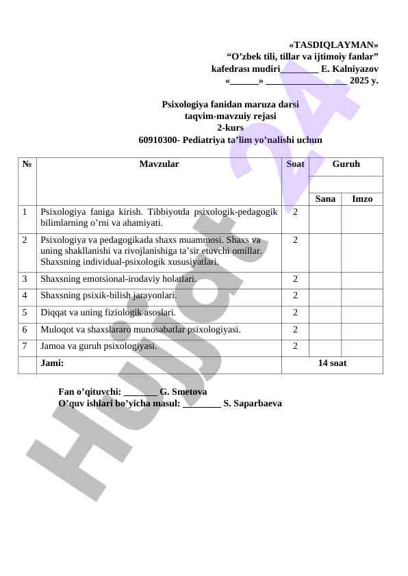 Psixologiya fanidan dars ta'vimi